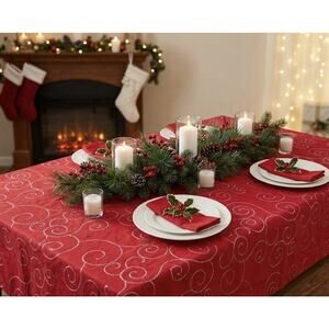 Red & Silver Sparkle Rectangle Christmas Theme Tablecloth 82''x 30” GUC